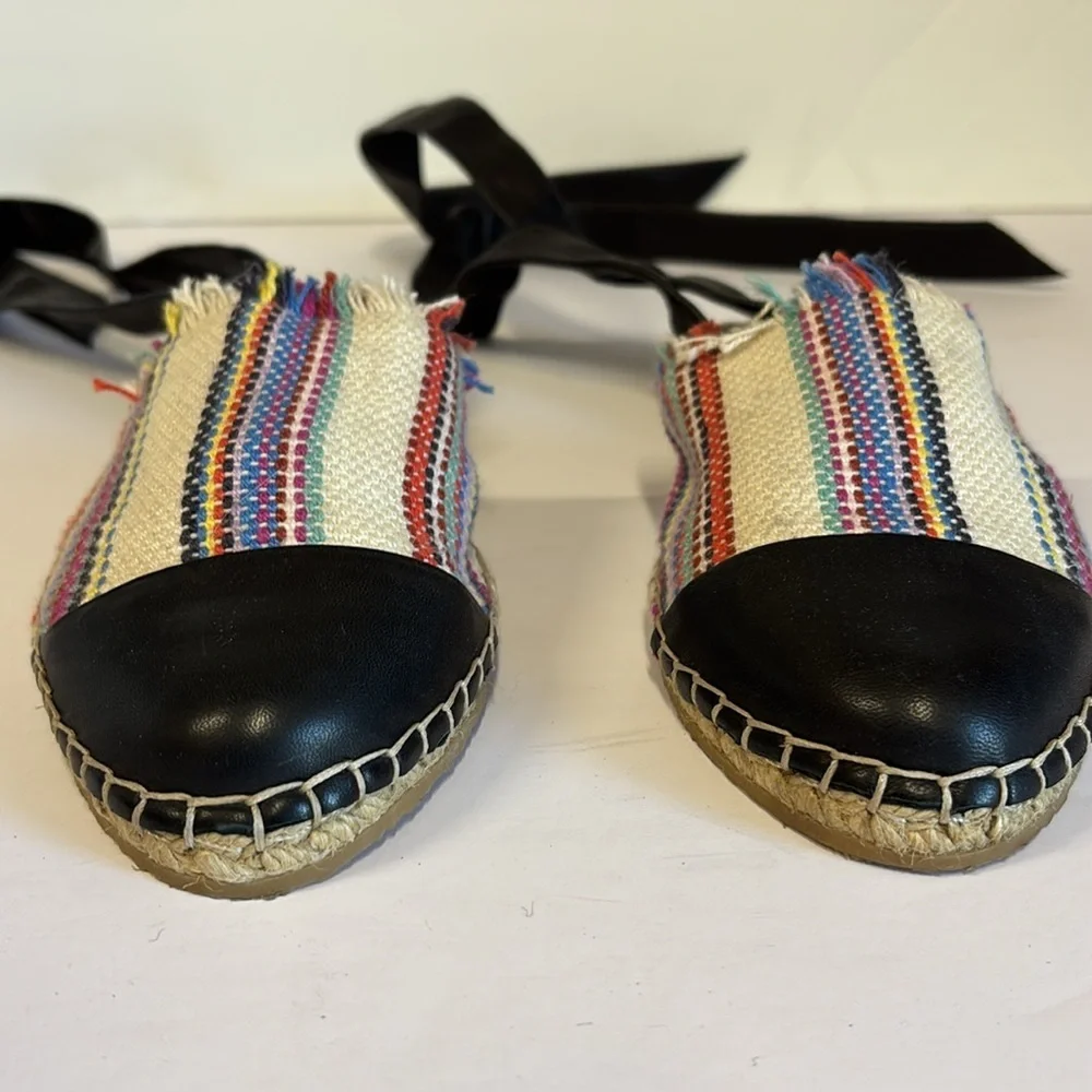 Loeffler Randall‎ Striped Black Ribbon Ankle Espadrilles
